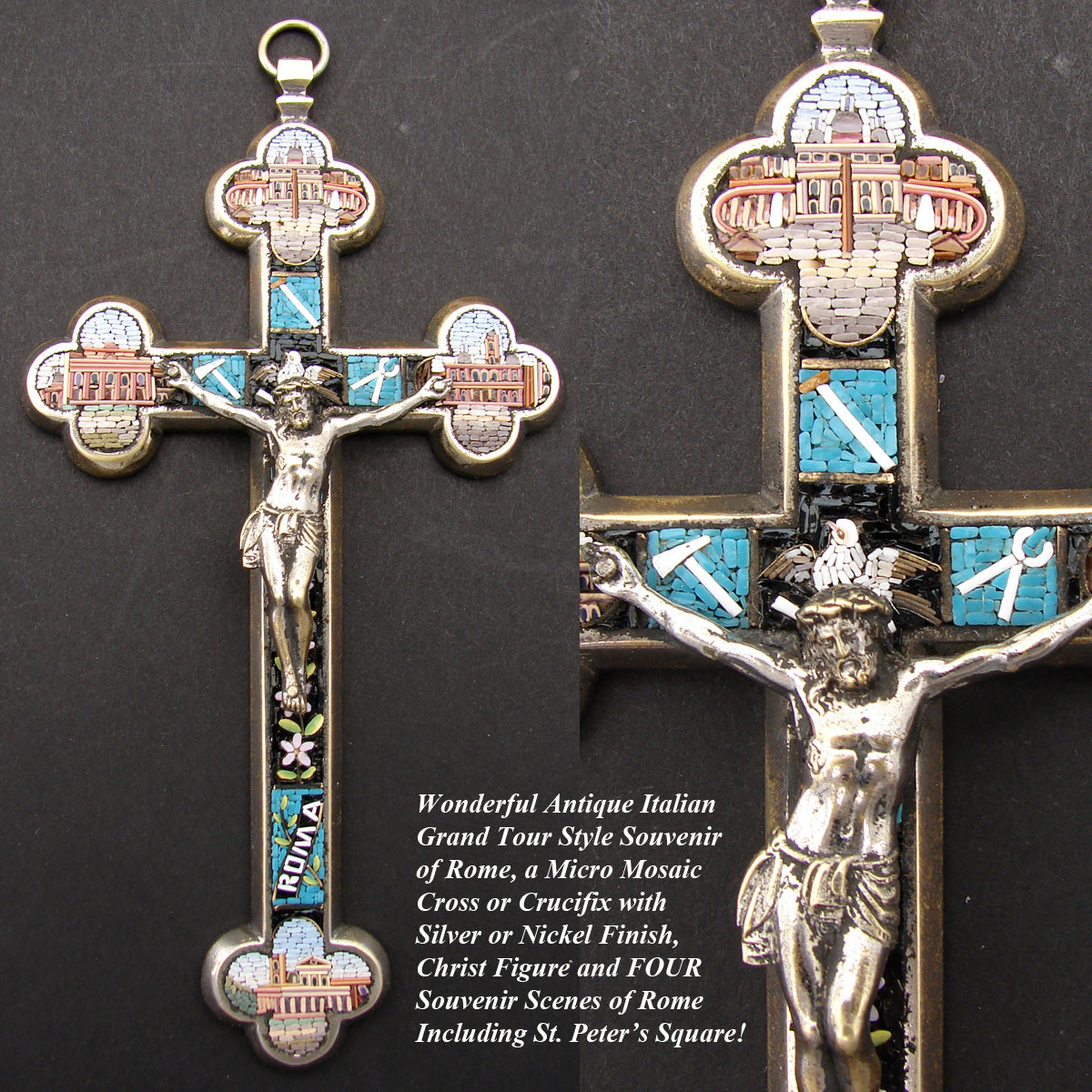 Antique Italian Micro Mosaic Cross or Crucifix, Grand Tour Rome