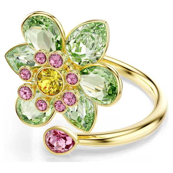 Idyllia open ring, Mixed cuts, Flower, Green, Gold-tone plated