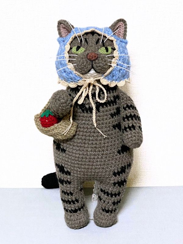 いっしょにおでかけ♪フード付きマフラーのキジトラ猫さんのあみぐるみ