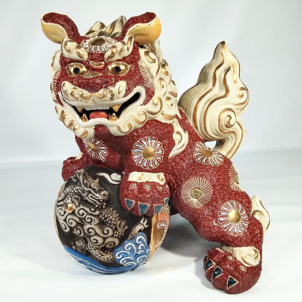 九谷焼 八幡釜 須栄義 獅子 龍玉 置物 床飾 縁起物 高さ35㎝ BK045