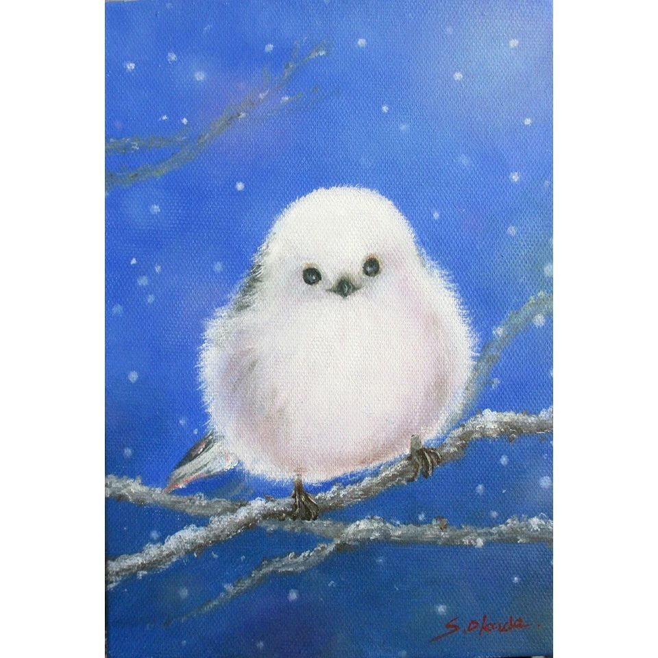 油彩画 SM号 岡田 栞 「シマエナガ 1」タテ 額入り 油絵 真筆 手描き