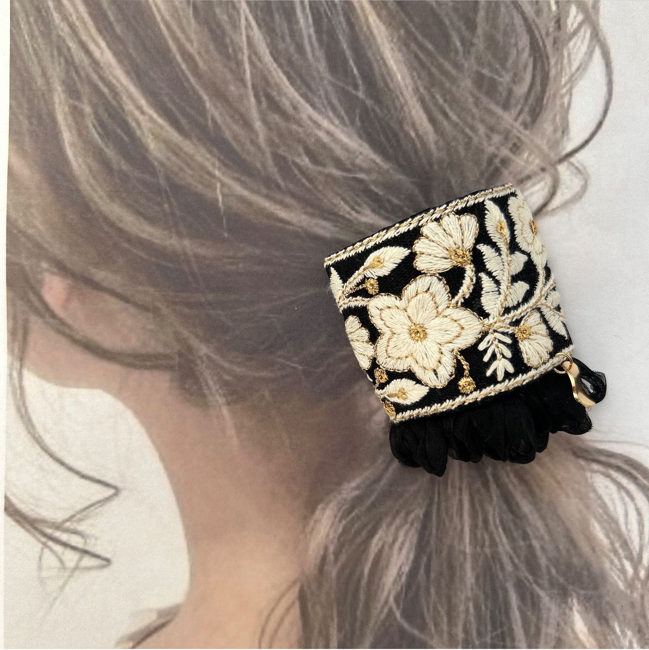 no.59 ハンドメイドデニム刺繍リボンとフリフリフリンジのヘアアクセサリー