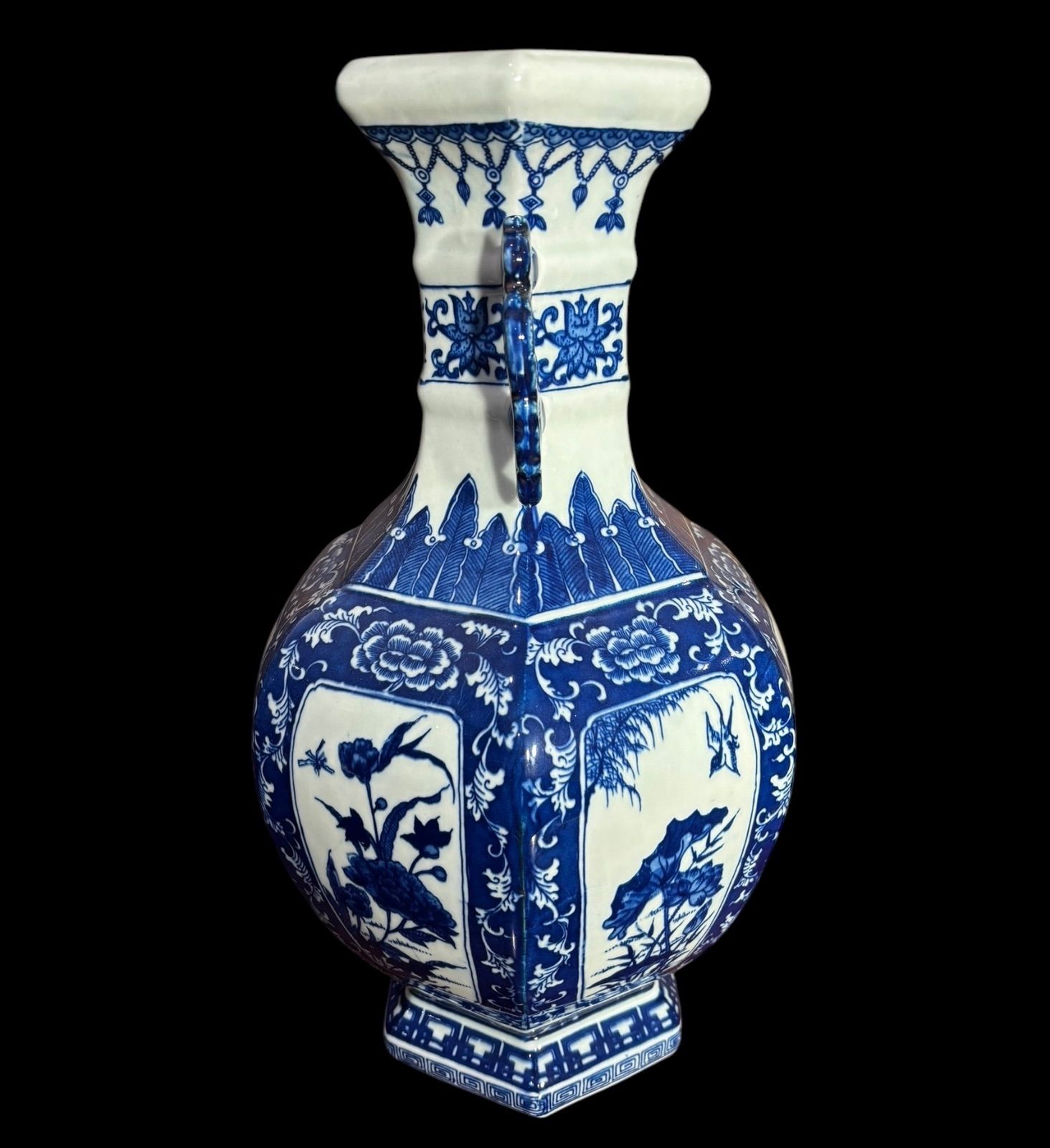 中国現地買付 六角壺 [鳥山水風景絵] 取手付き 中国雑貨 壺 フラワー