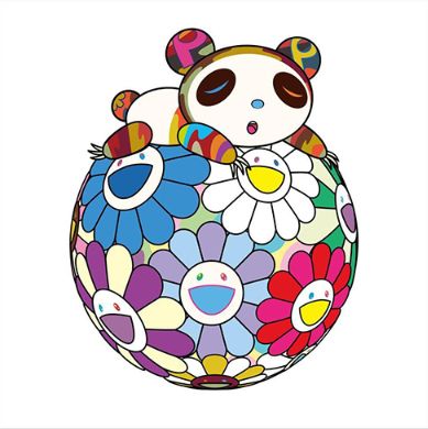 村上隆 版画 お花の玉の上にて、パンダの子供がすやすや。寝ています
