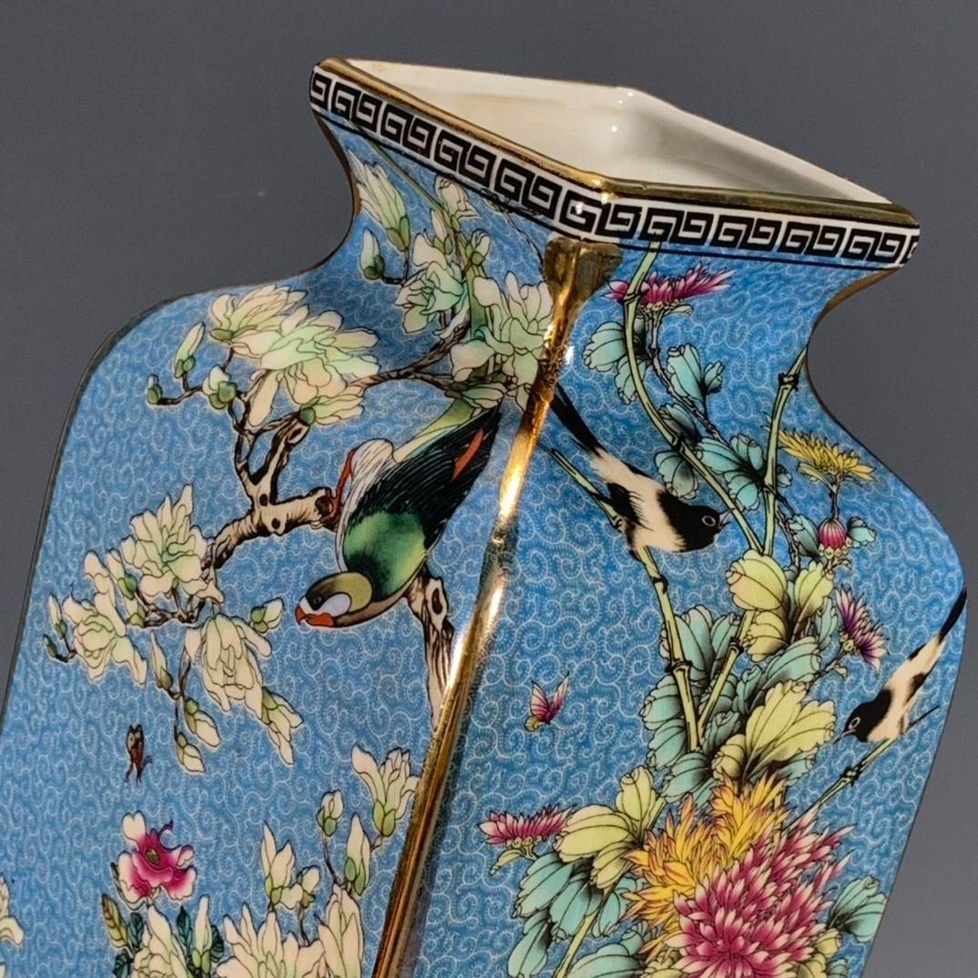 パステル蒔絵花鳥多稜天球瓶 景徳鎮 陶磁器 装飾品 工芸品 美術
