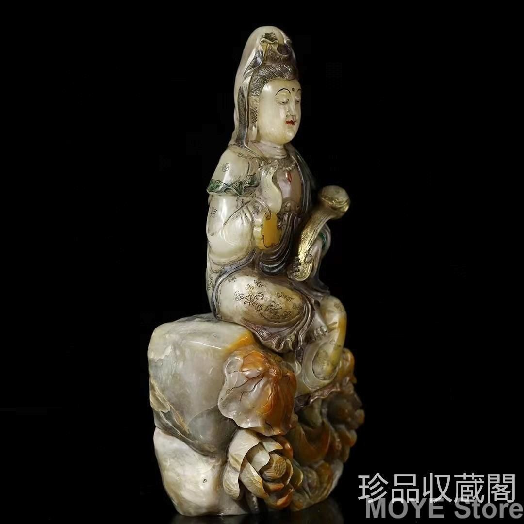 中国古美術・旧蔵寿山石彩絵【観音赐福】・仏像 ・木箱付き・手彫り