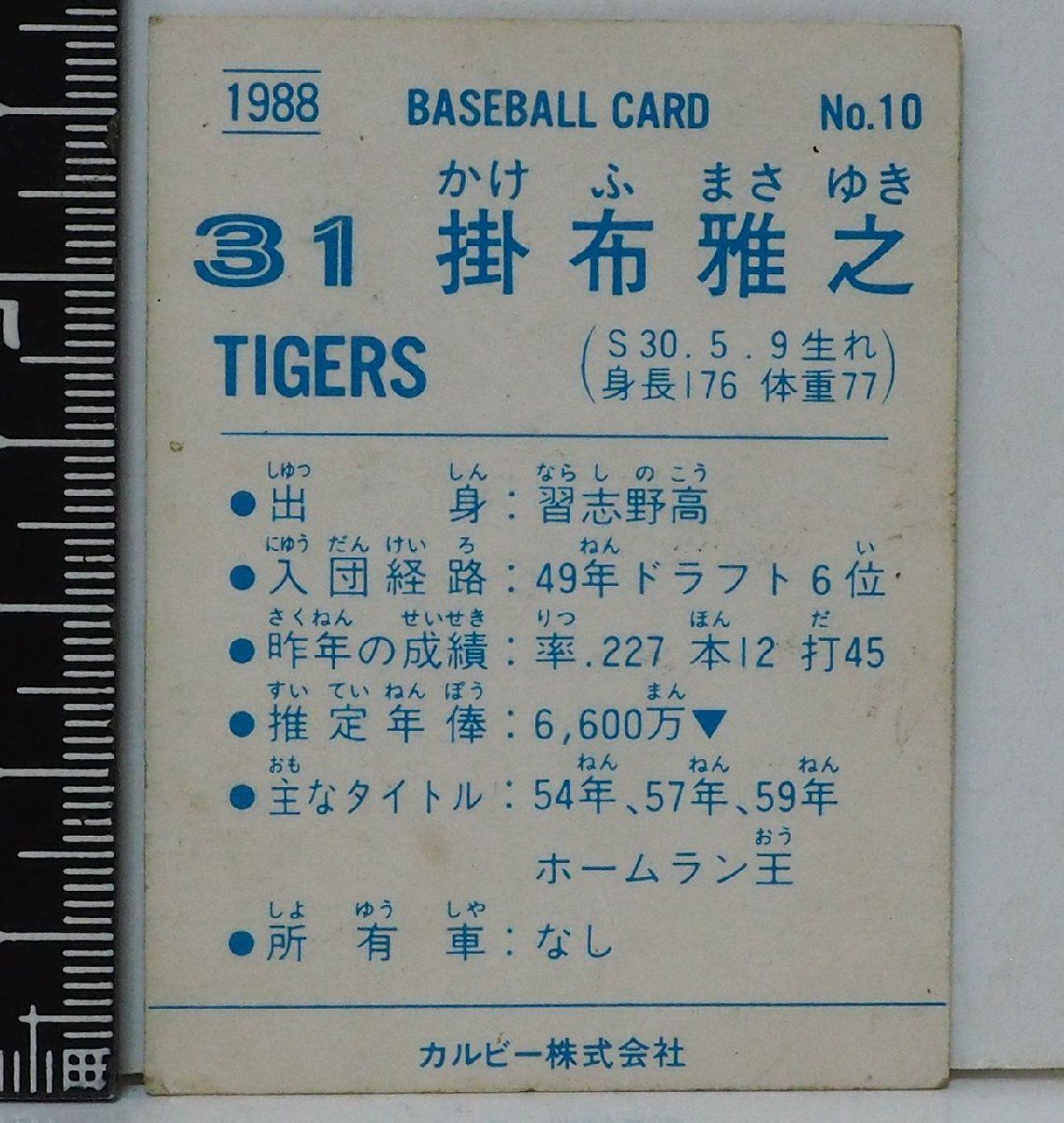 88年 カルビー プロ野球カード No.10【掛布 雅之 阪神タイガース】昭和