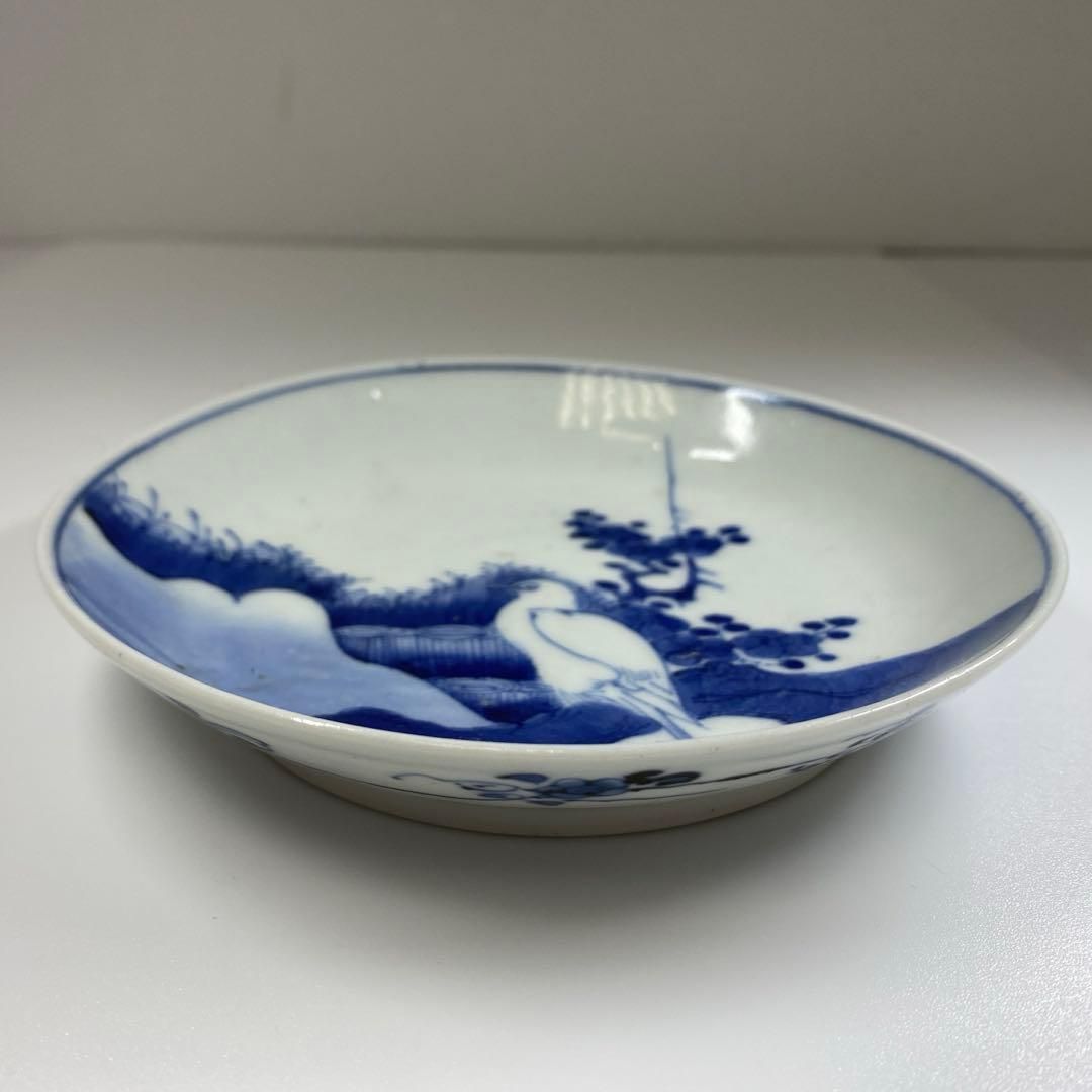 江戸中期 藍九谷上手鷺の図中皿 木箱付 幅約14.5㎝ 東Y6-0910☆2F