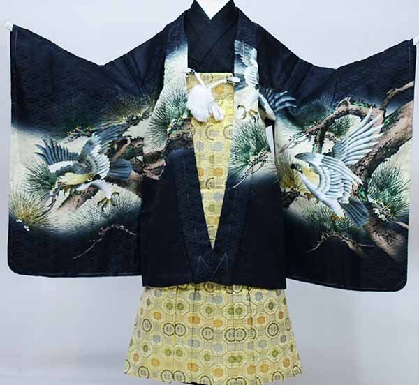 七五三 五歳 男児 羽織袴フルセット 着物 金刺繍 黒地 鷹 袴変更可能