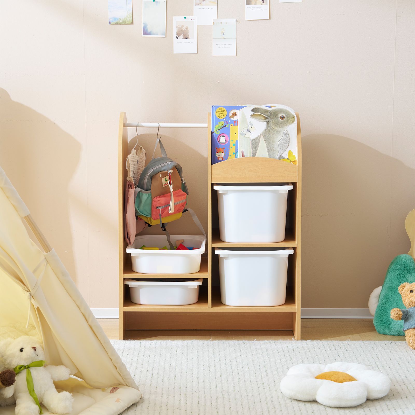 おもちゃ収納ラック ハンガーバー付き 子ども用家具 幅64.6×奥行40×高