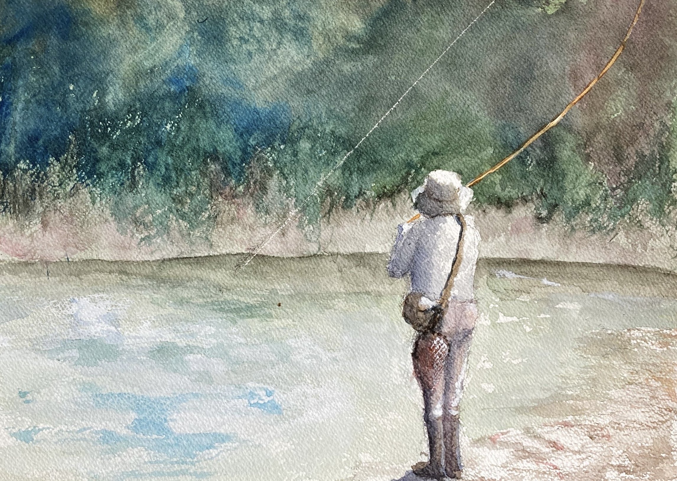 釣り人の水彩画（額縁付き）原画 釣り人の水彩画（額縁付き）原画 釣り