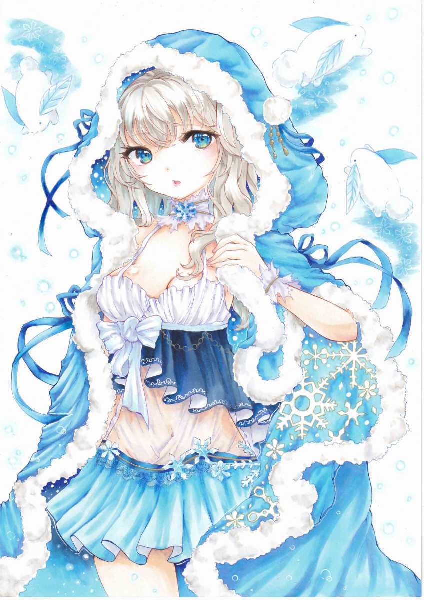 オリジナル手描きイラスト 女の子 雪 フード 青 氷 雪うさぎ