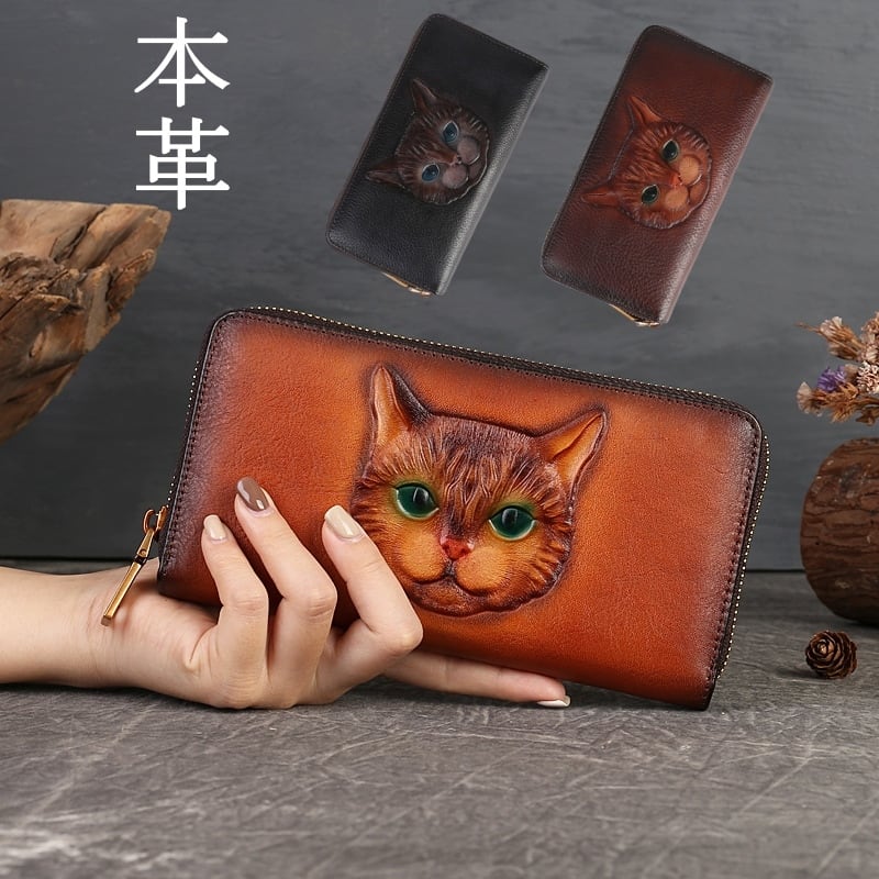 長財布 レディース Rファスナー イタリアンレザー ヌバック 春財布 猫