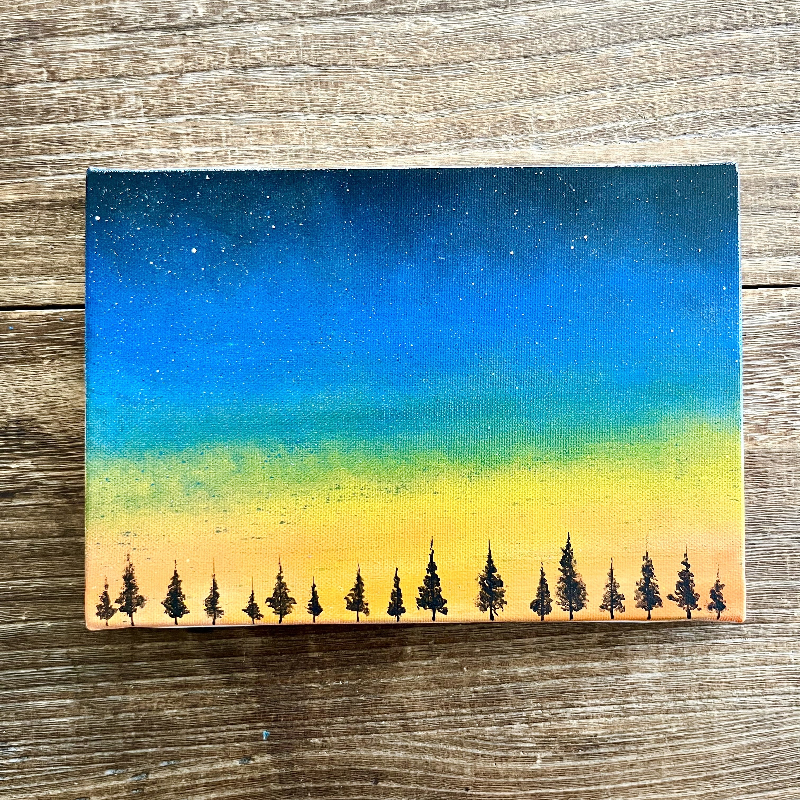 夜が来る」 原画 黄昏×木々 濃い青 オレンジ 絵画 キャンバス 風景画