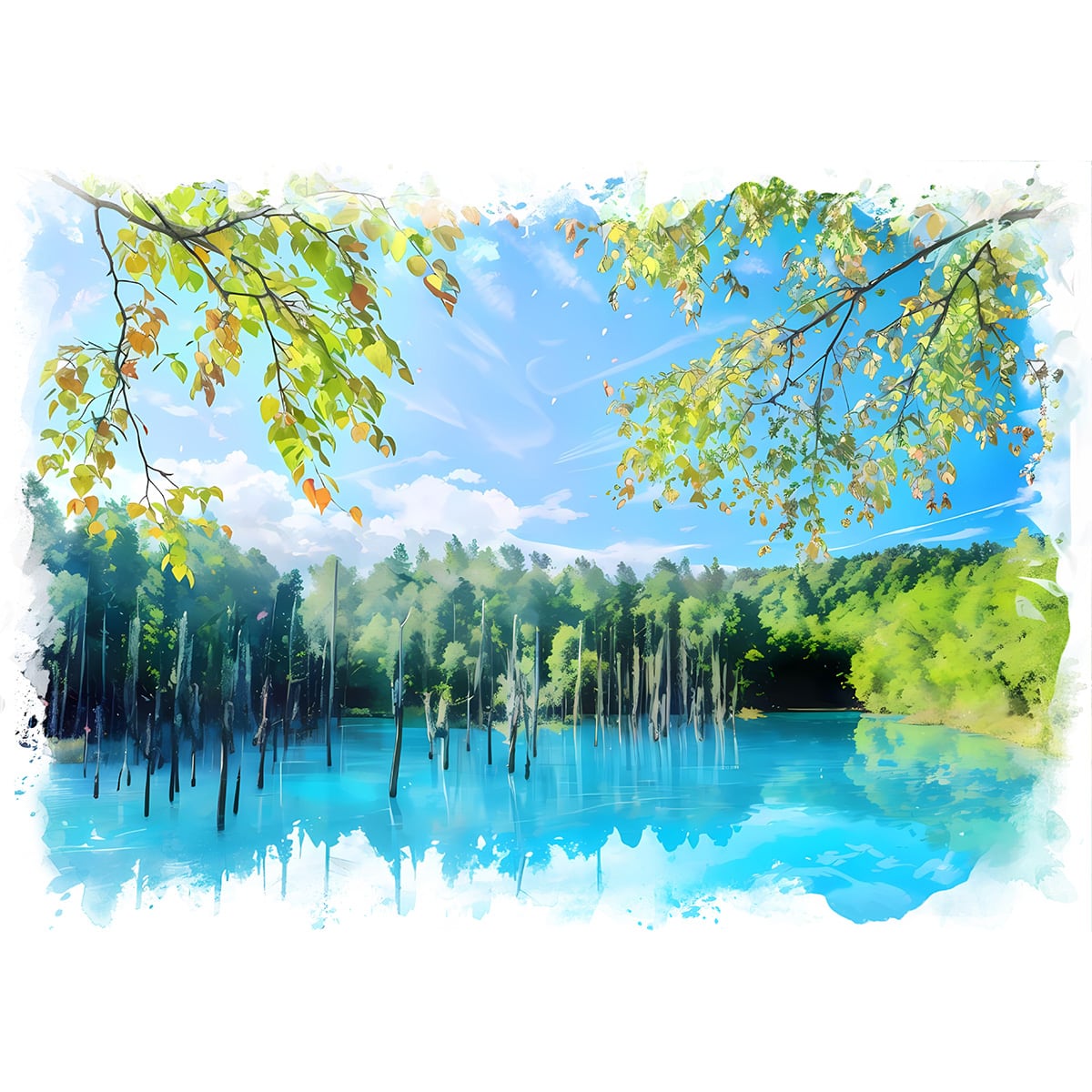 絵画(風景画) 日本 北海道 美瑛町 白金の森 青い池 インテリアアート額