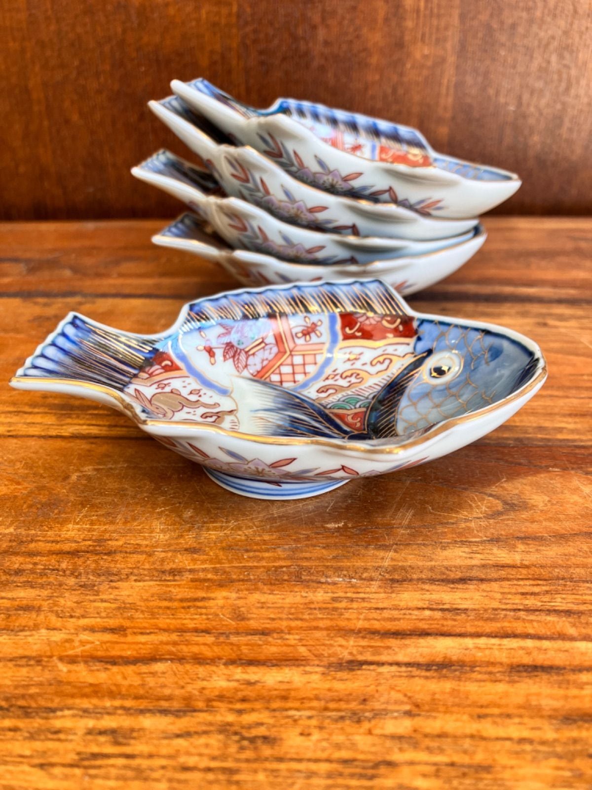 林九郎窯】5枚セット 波佐見焼 染錦波兎魚型 小皿 新品・未使用品