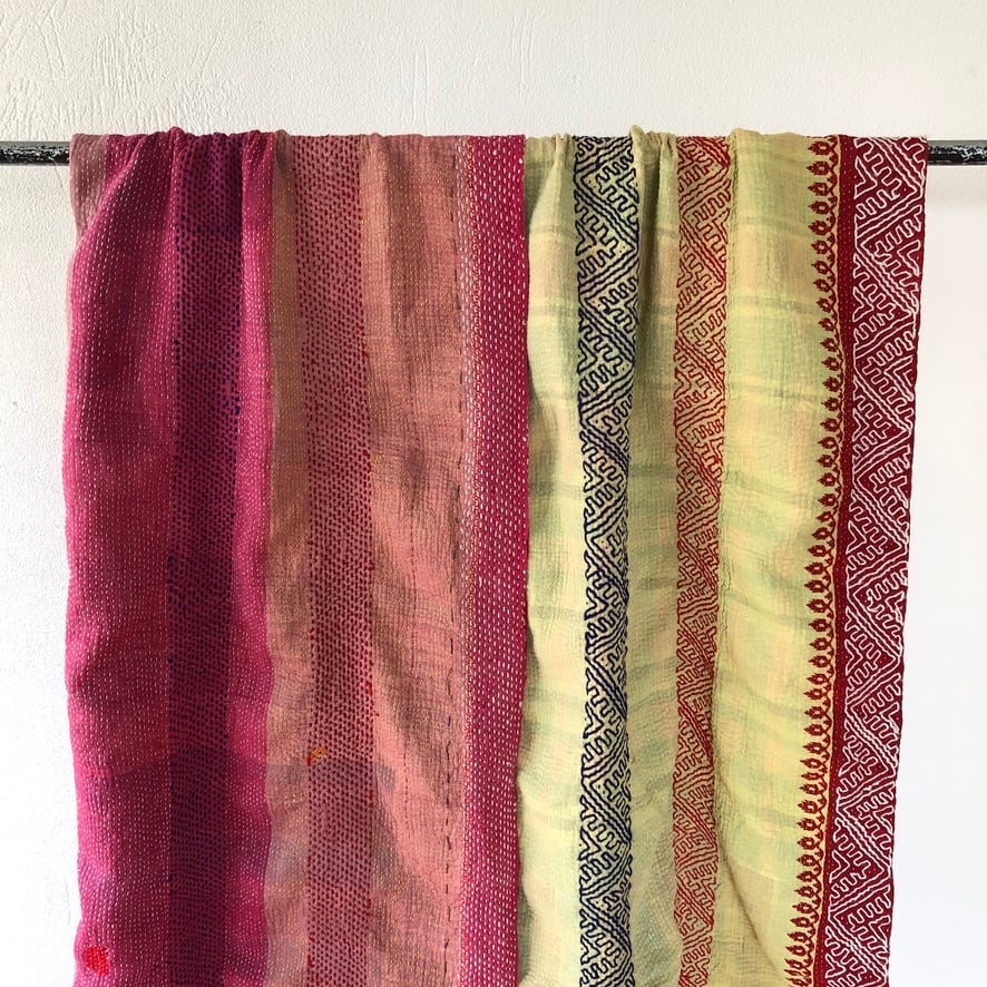 Vintage kantha quilt pink & yellow ビンテージ カンタキルト ピンク