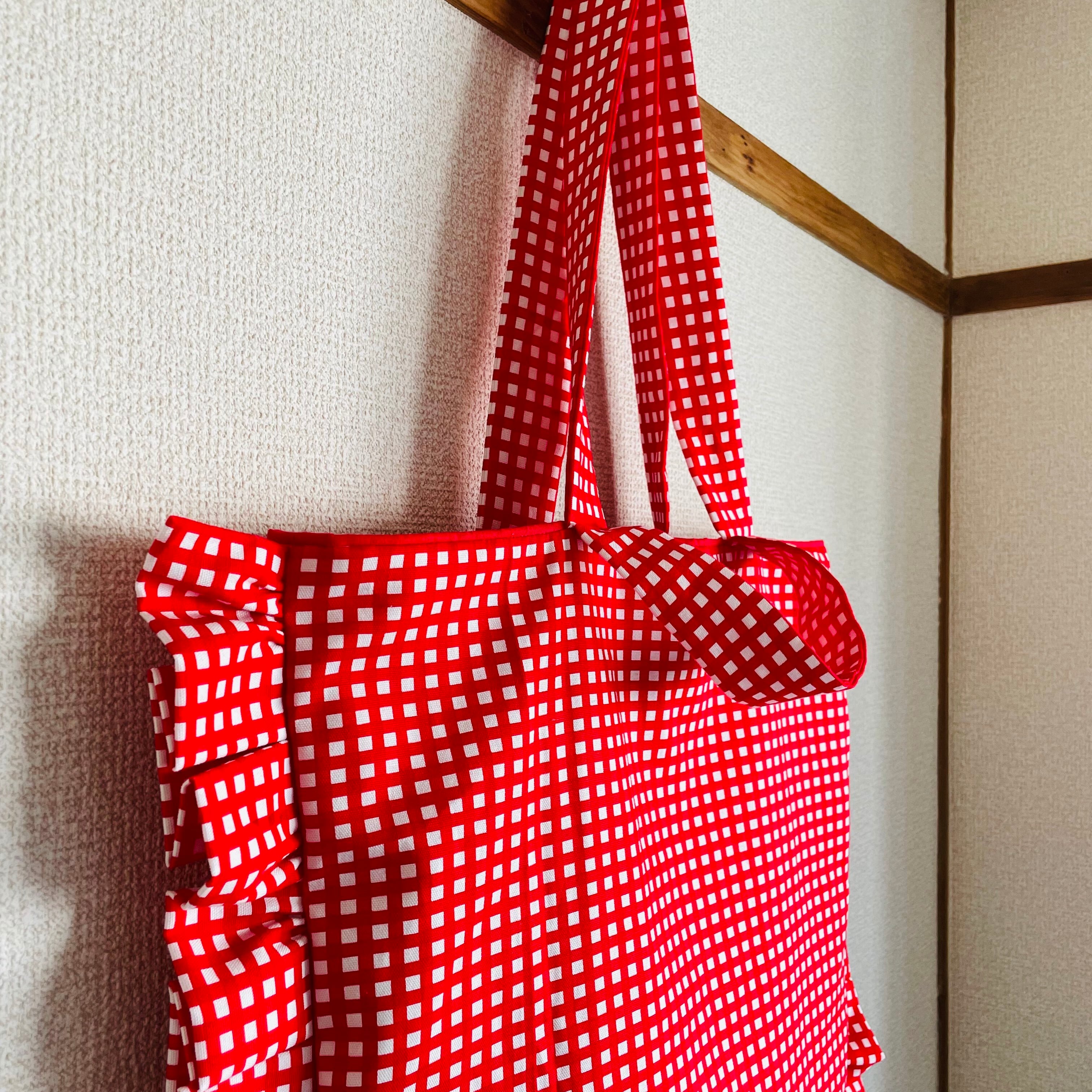 正方形のクッションみたいな2wayフリルトートバッグ Lサイズ ギンガム