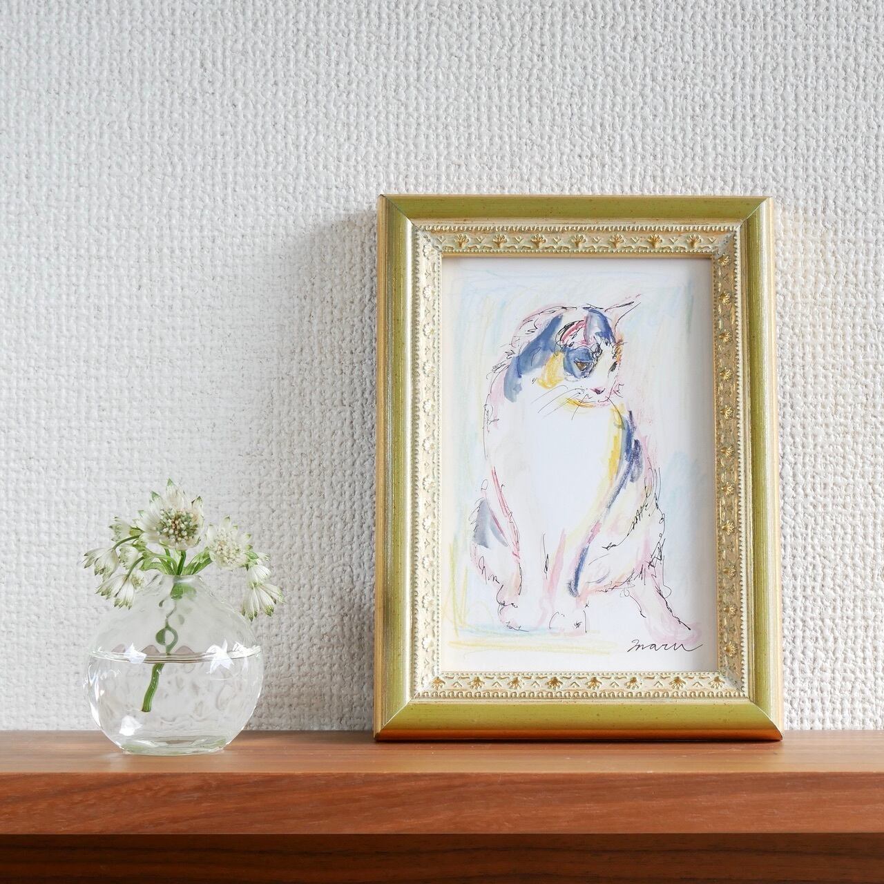 送料無料 「猫の絵no.99」 原画 フレーム付き 色鉛筆画（アート作品