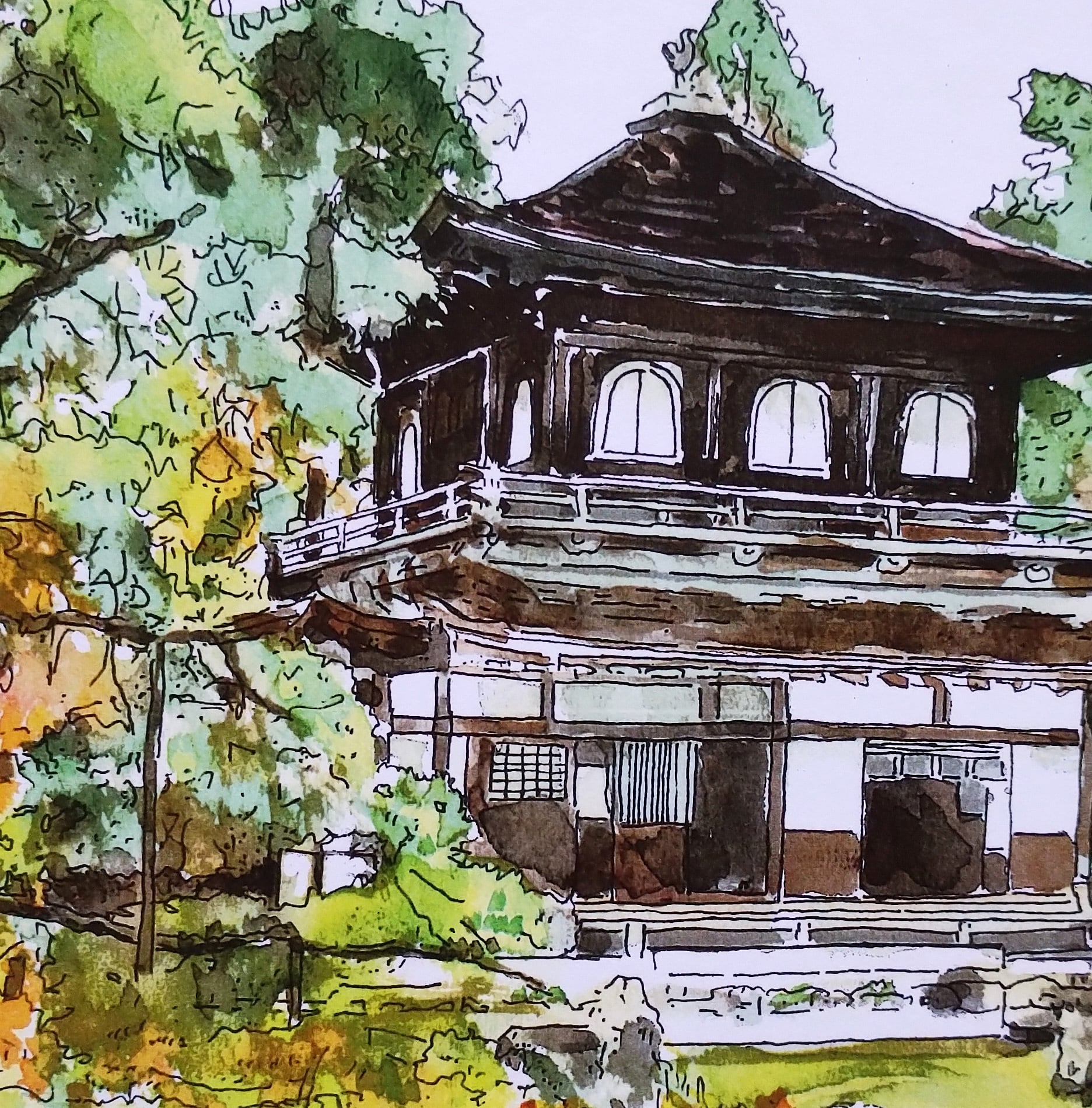 A4サイズ「京都 新緑の銀閣寺」 京の水彩画工房 | 京の水彩画工房 みちや