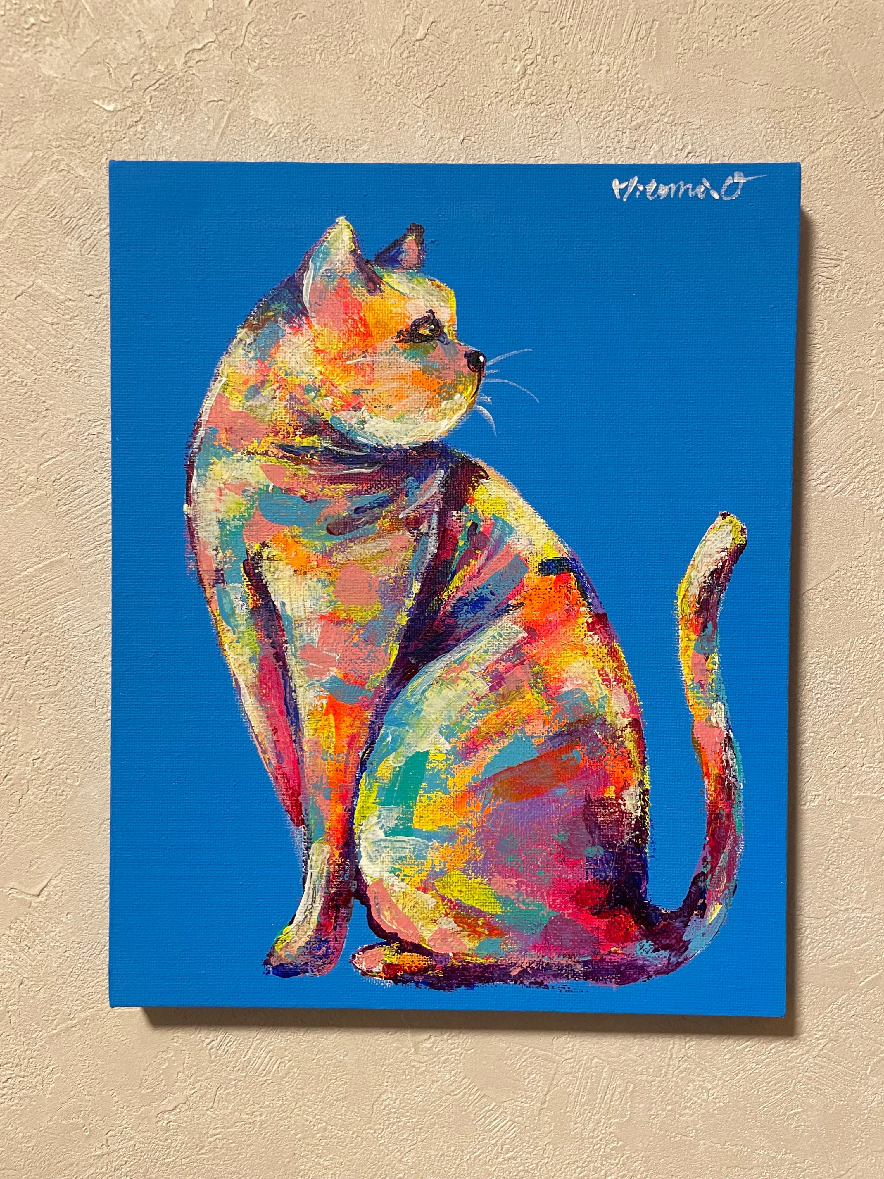 A-165/24】動物画 猫 ネコ 絵画 キャンバス 真作 インテリア 作品証明
