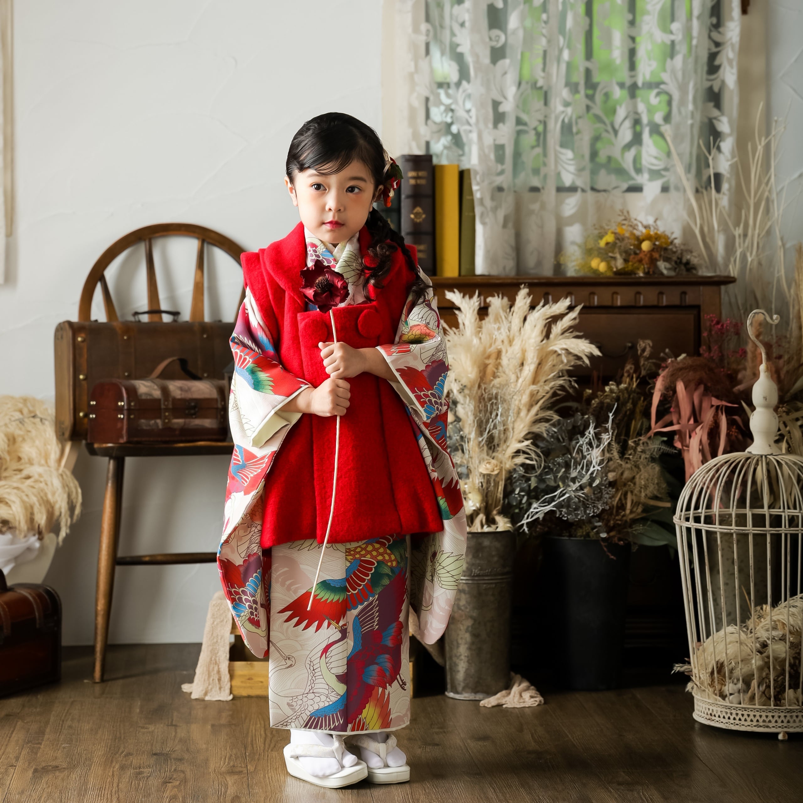 レンタル】七五三着物 3歳 女の子 いちは 白 赤 【H276（22613