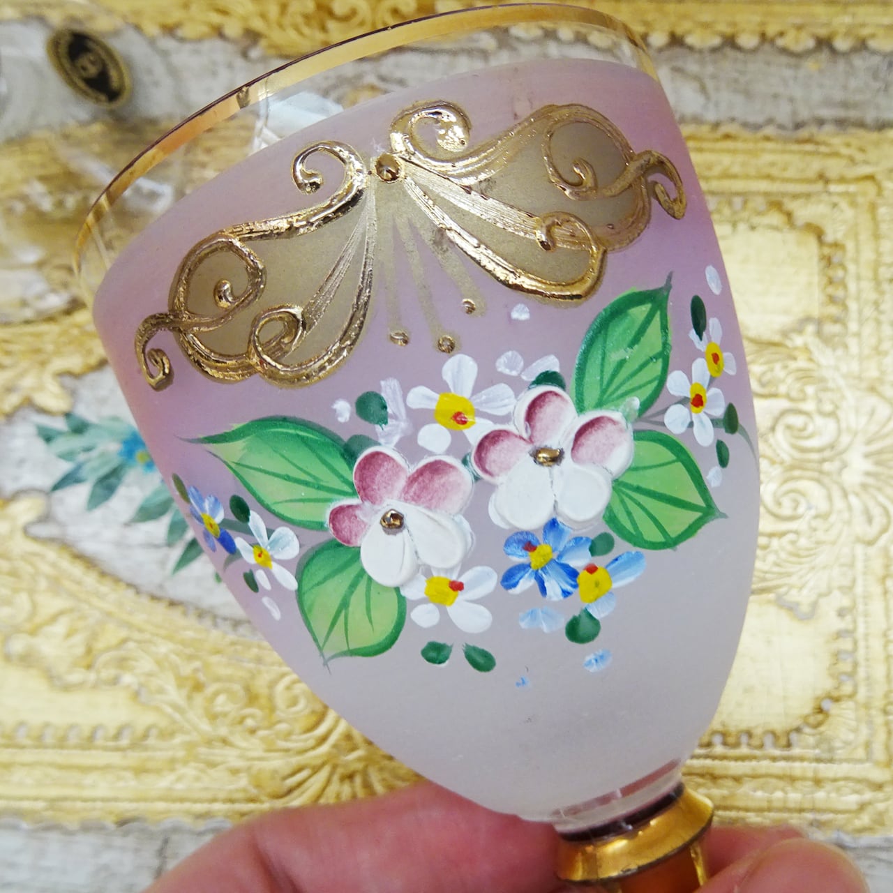 チェコスロバキア すみれモチーフ ピンクのグラス 2客セット