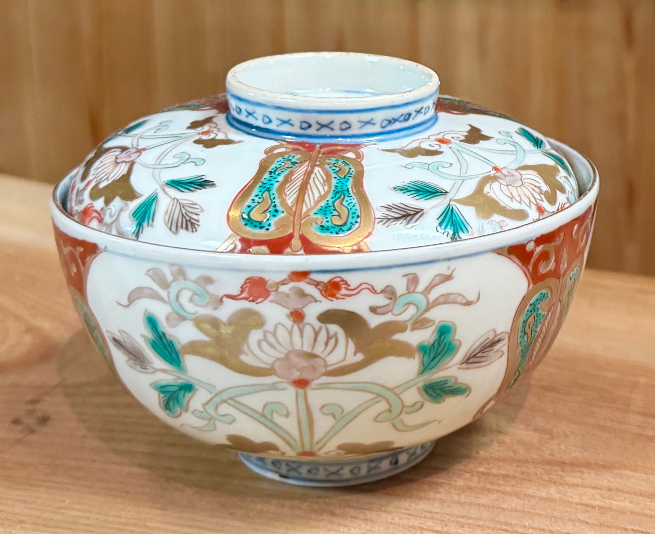 ①古伊万里 金襴手鶴華図茶碗 蓋物 五客 吸物碗/飯碗/お碗/蓋付/40