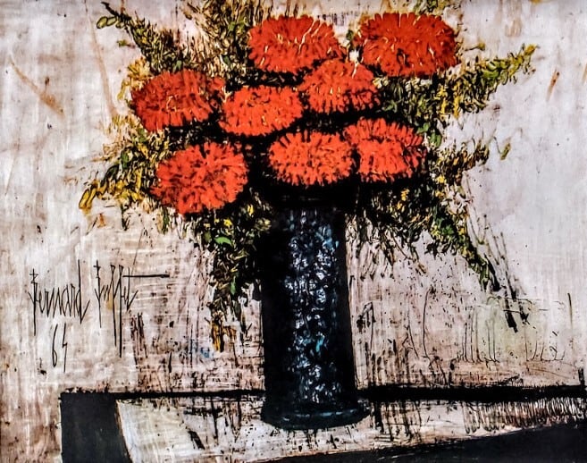 ベルナール・ビュッフェ「Red Flowers」 複製画の額装品 額縁外寸 47.5