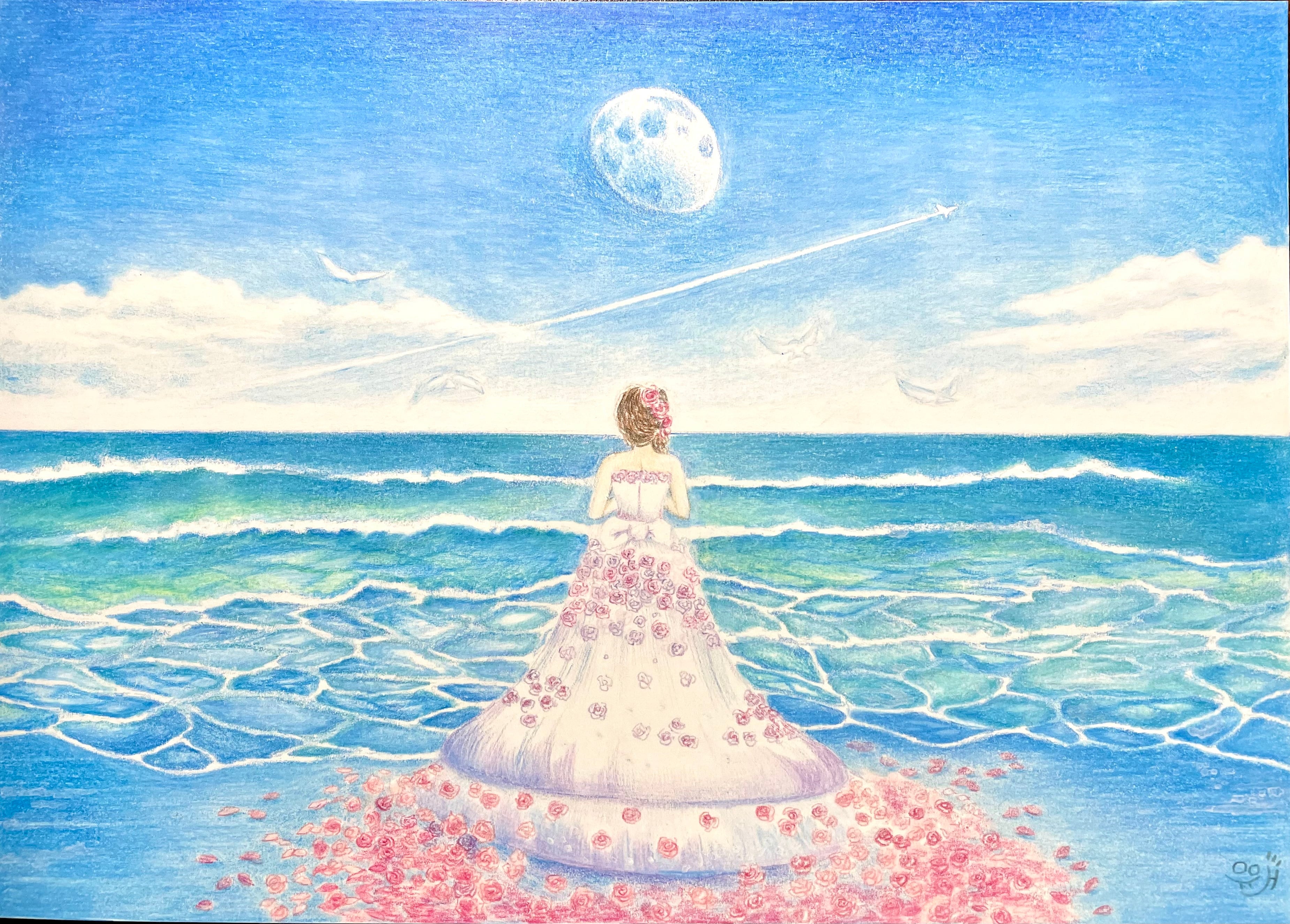 朝の月 色鉛筆 原画 ウェディング B5 色鉛筆画 絵画 海 花 記念日