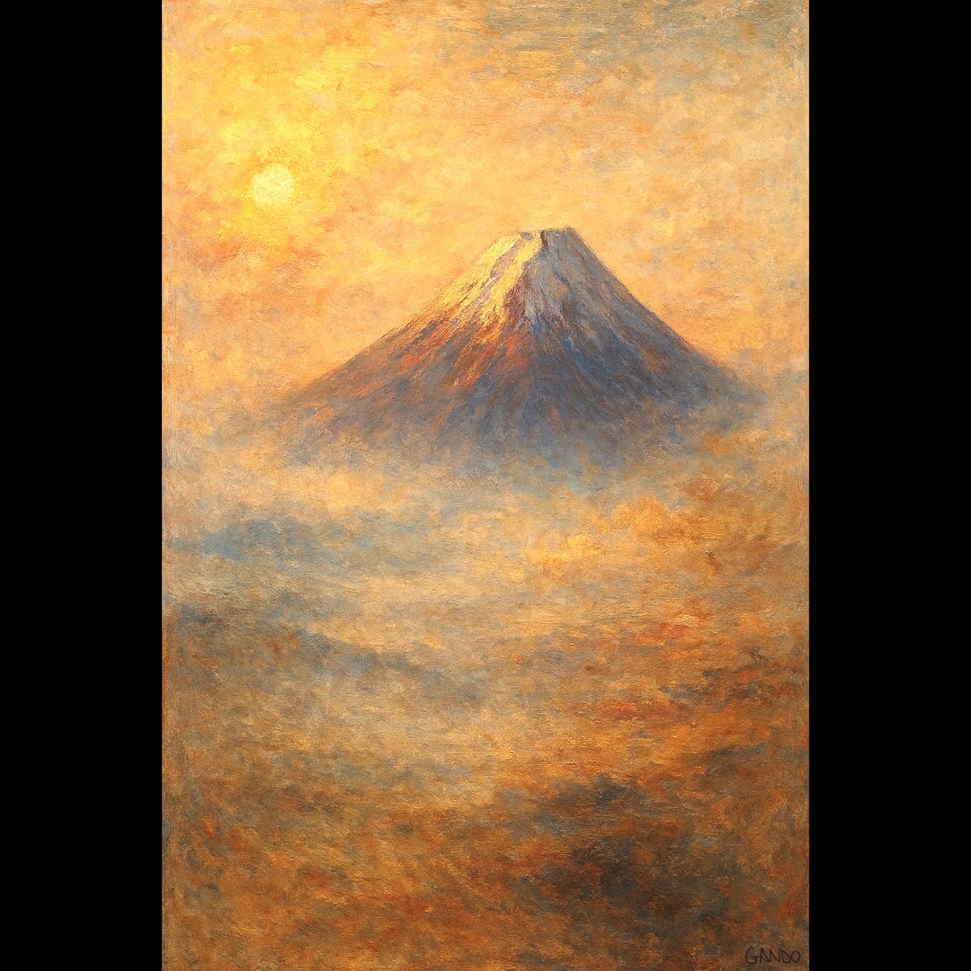 少し訳あり○『太陽と金の富士図』純金輝き△がんどうあつし油絵画