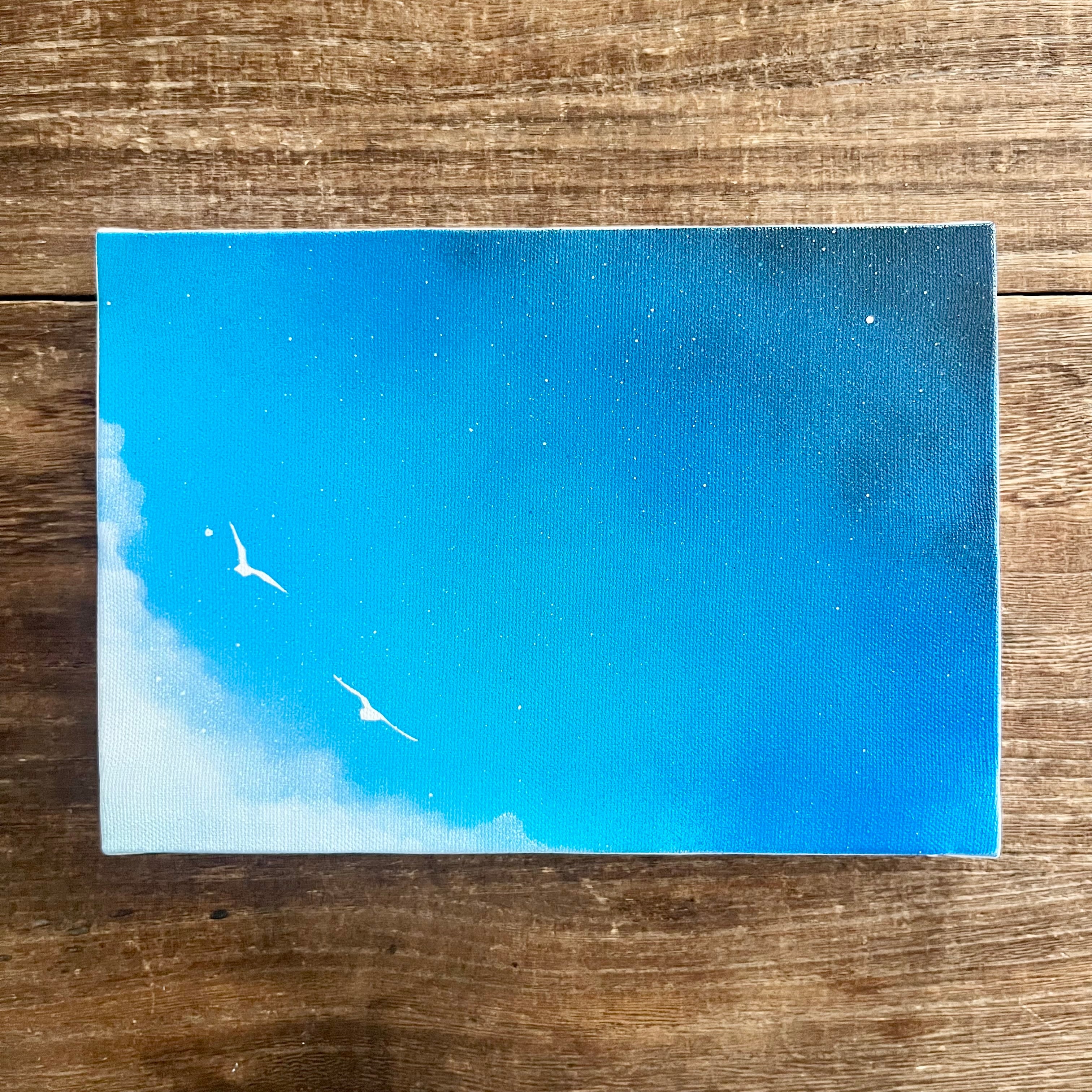 境界線の風景」原画 空×宇宙×鳥 青 白 絵画 キャンバス 風景画