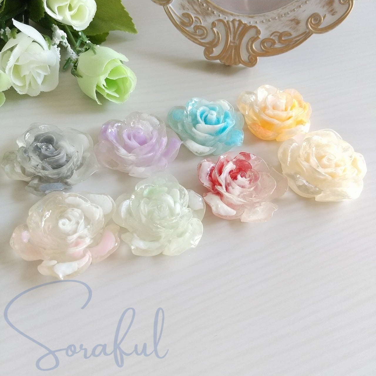 4個】クリアカラー薔薇カボション バラ ローズ 大きめ 32mm