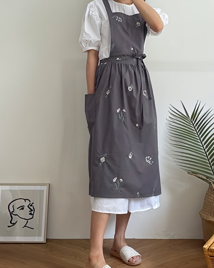 ババグーリ グレー エプロン 花の刺繍付き ババグーリ グレー エプロン
