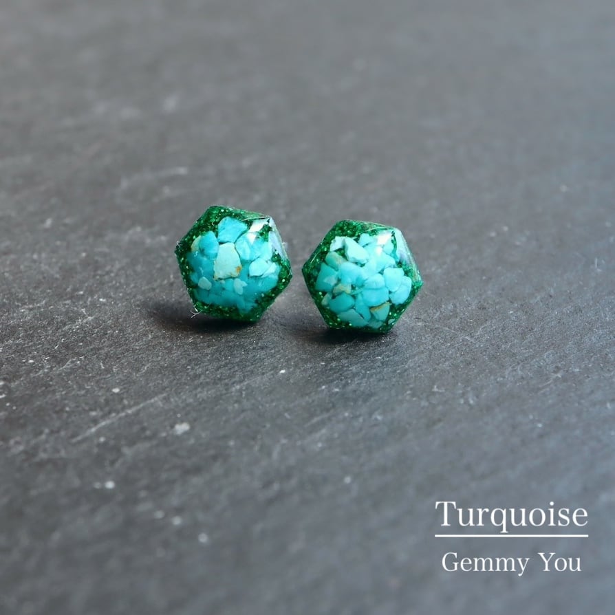 hexagon】ヘキサゴン ターコイズ レジン トルコ石 ラメ ピアス