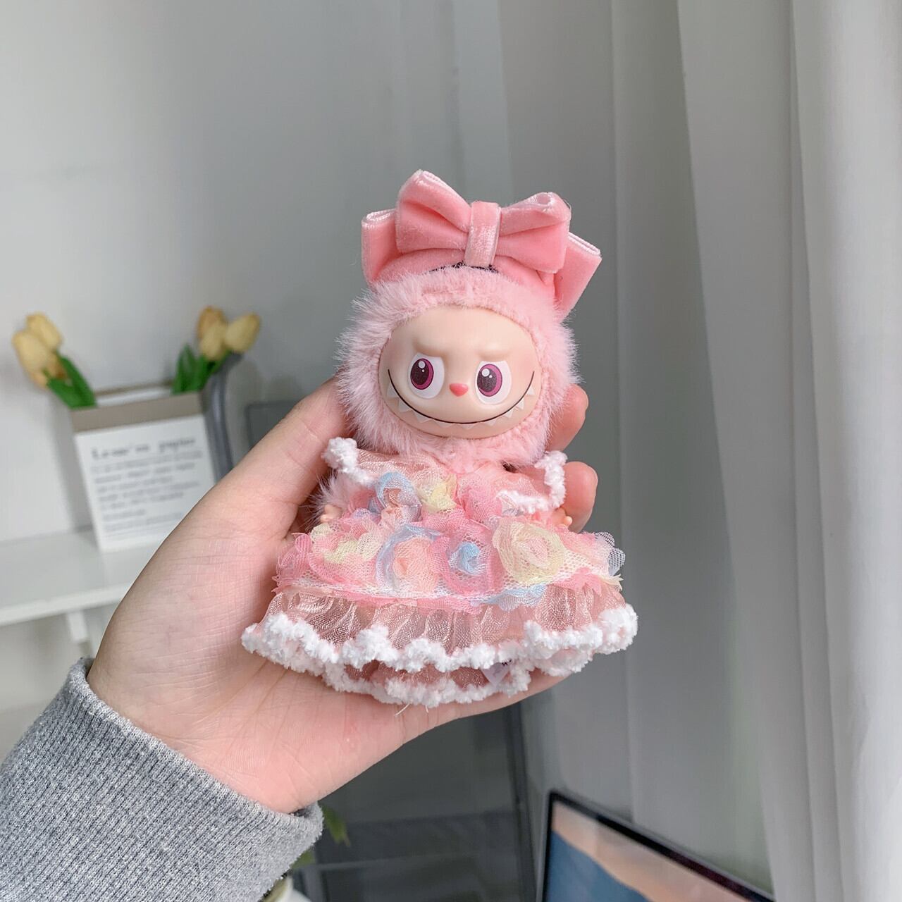 Labubu 4代対応 ローズ花柄レースワンピース＋ヘアアクセ ラブブ