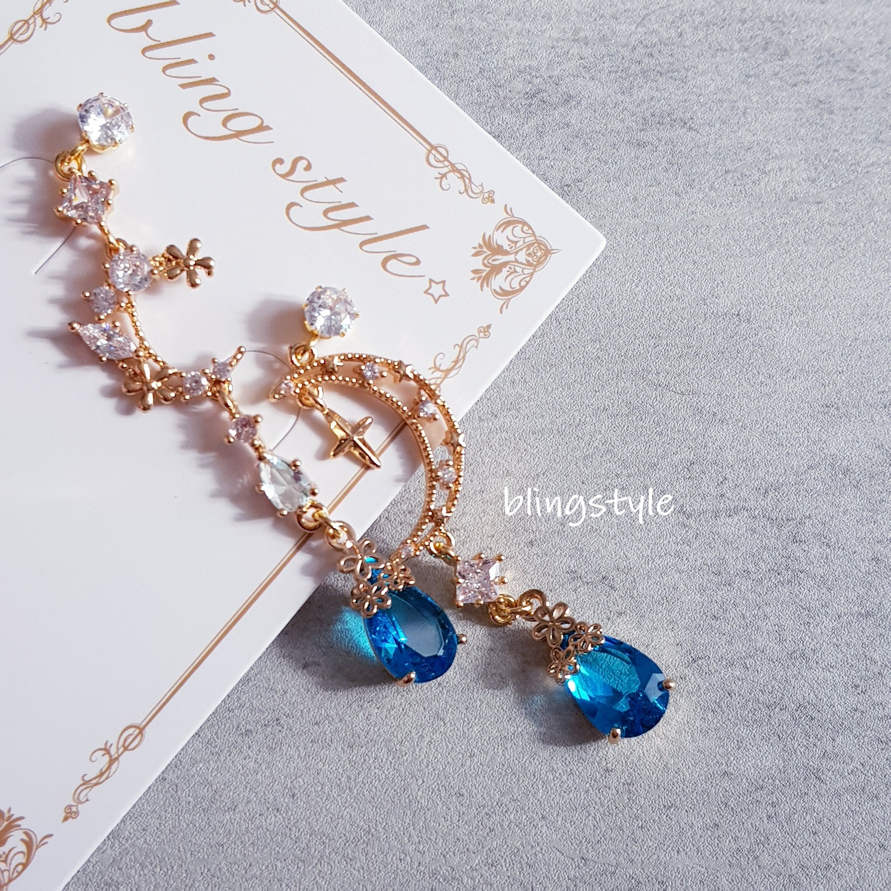 ルナの涙】月 cz ブルー ドロップ アシメ ピアス イヤリング