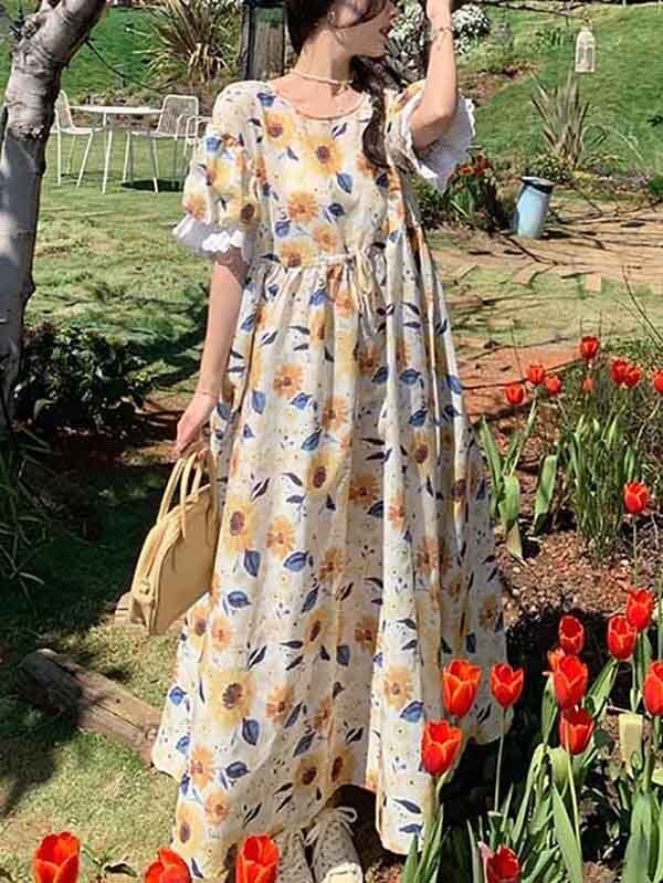ひまわり柄クルーネックミディアム丈ワンピース リゾート お出かけ 花