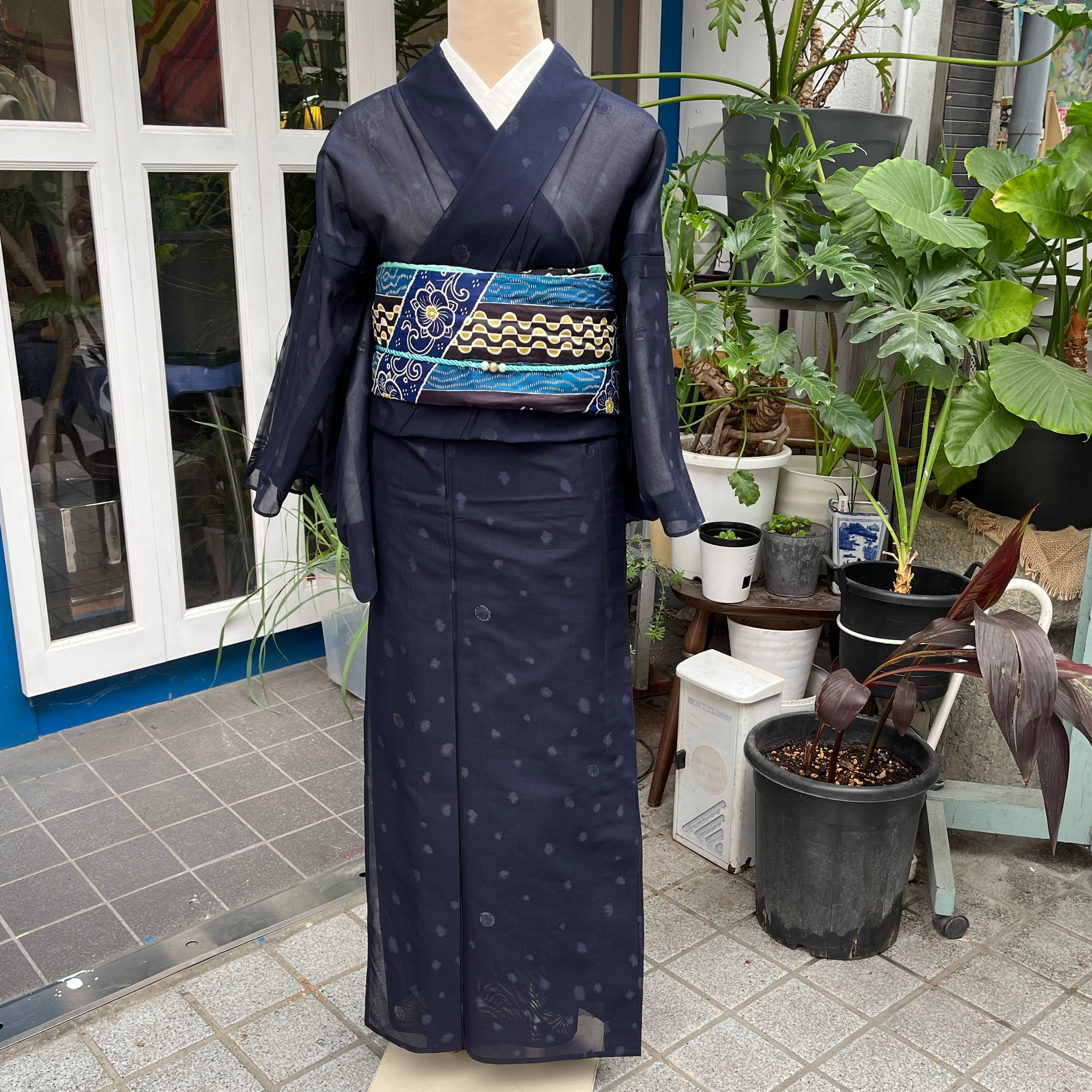アンティーク帯 京袋帯 ファブリック帯 ブルー系 エメラルドグリーン