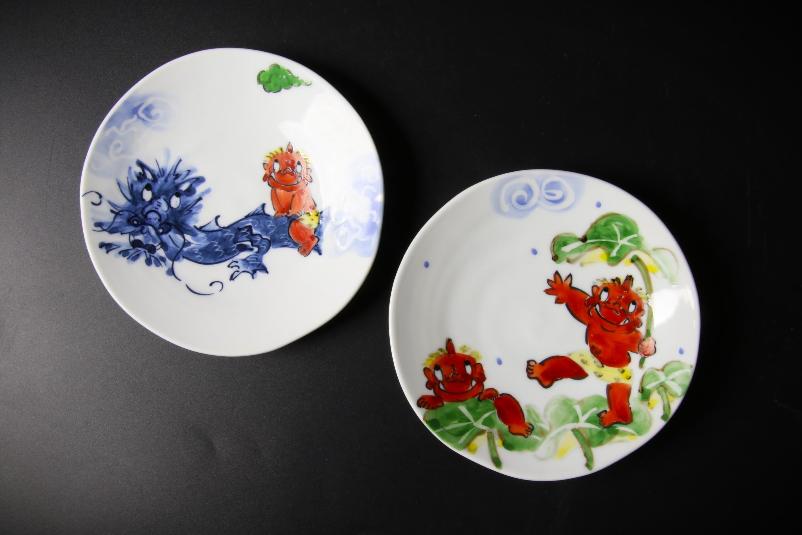 皿■絵変わり 12客 栖鳳 菓子皿 渦巻き皿 絵替 亀 茸 鶏 松 山里 骨董■ 8号長皿 長角皿 草花鳥絵変わり 絵違い5枚セット / 山田義明