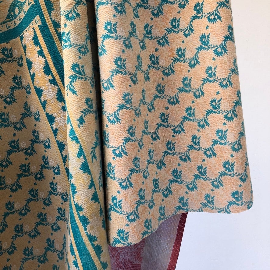 Vintage kantha quilt retro blue flower ビンテージ カンタキルト