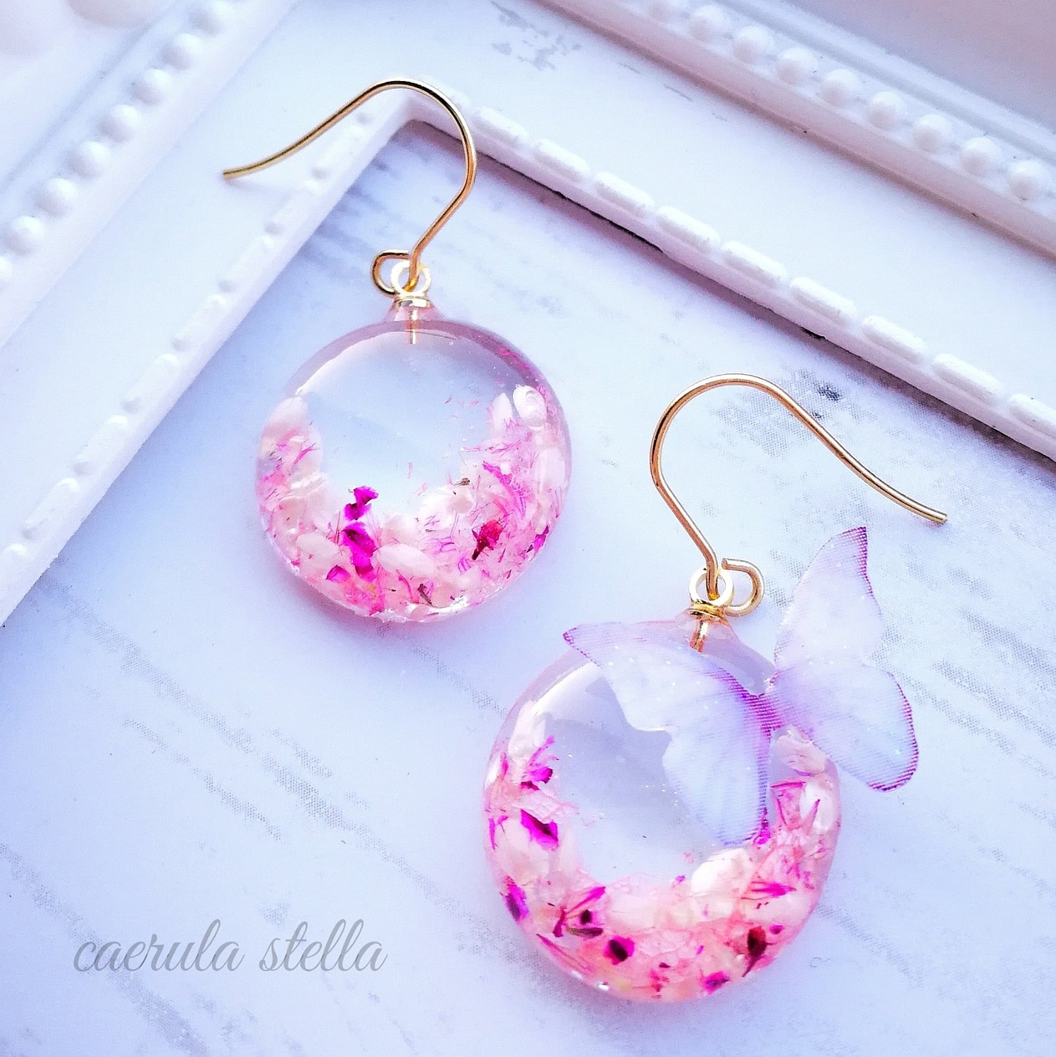 ピアス 赤 グラデーション ガラスチャーム 桜 パール ビジュー 春