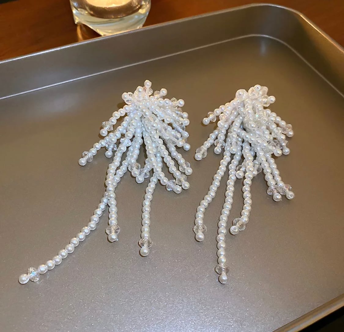 パールビーズロングタッセルイヤリングピアス 結婚式 アクセサリー