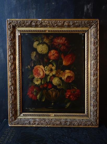 西洋アンティーク オランダ派 静物画 ブーケ 花の絵画 1904年 サイン