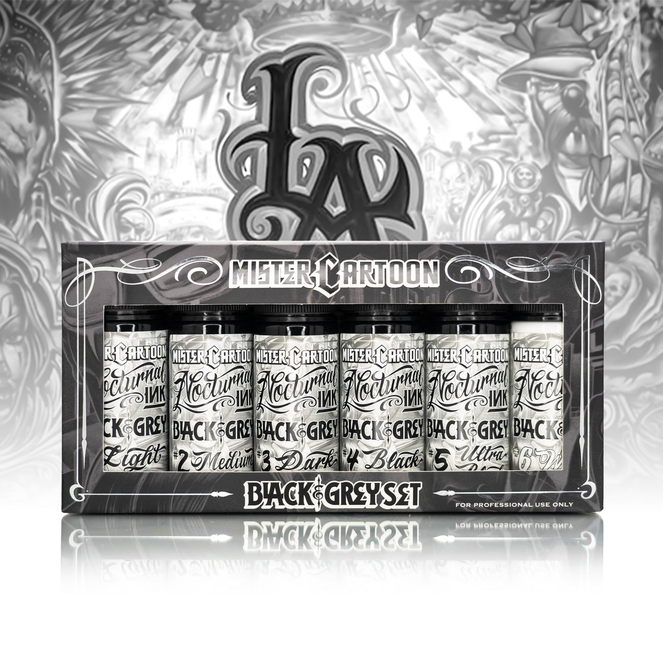 Bishop x Mister Cartoon Nocturnal Ink - Black & Grey 4oz Ink Set (6 Un