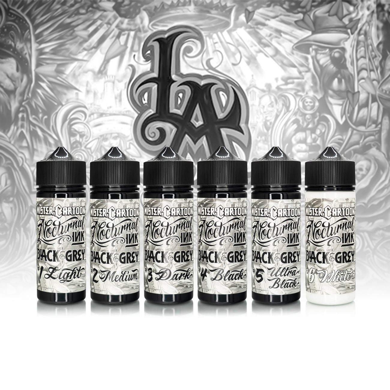 Bishop x Mister Cartoon Nocturnal Ink - Black & Grey 4oz Ink Set (6 Un
