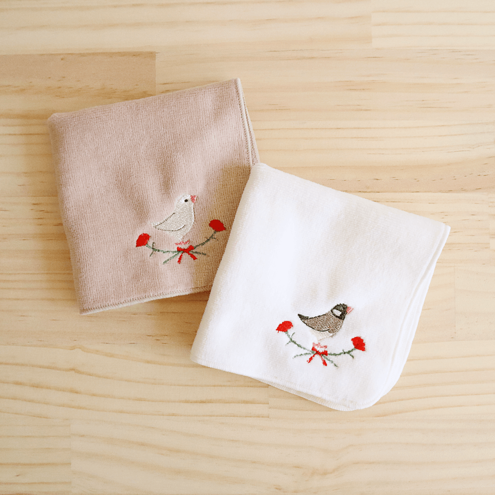 桜文鳥 白文鳥の刺繍ミニタオル ハンカチ｜BIRDSTORY