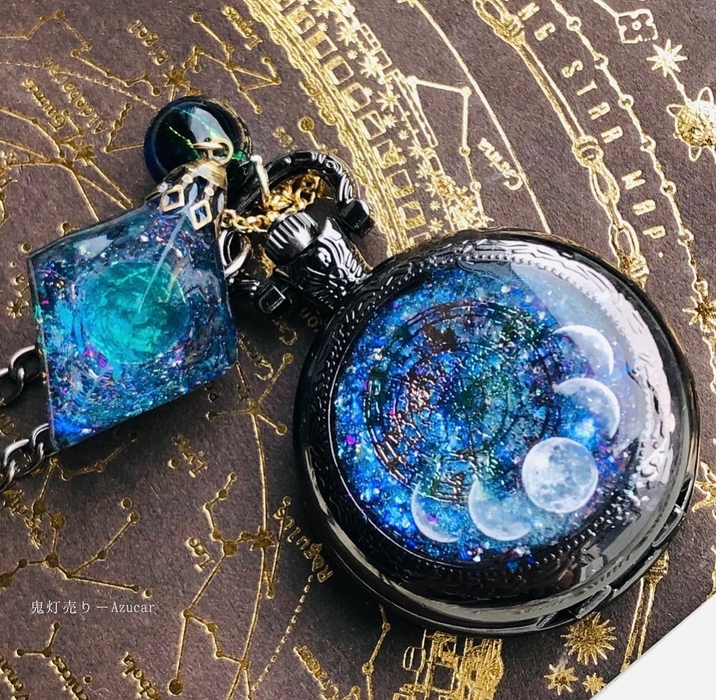 ☆蓄光懐中時計☆天体魔法使いの月の満ち欠け(蓄光オルゴナイトフロー