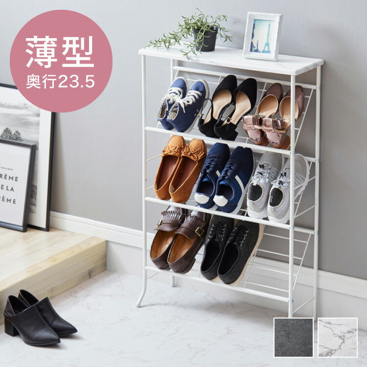 棚付き シューズラック 6足収納 幅60cm おしゃれな大理石柄 玄関収納