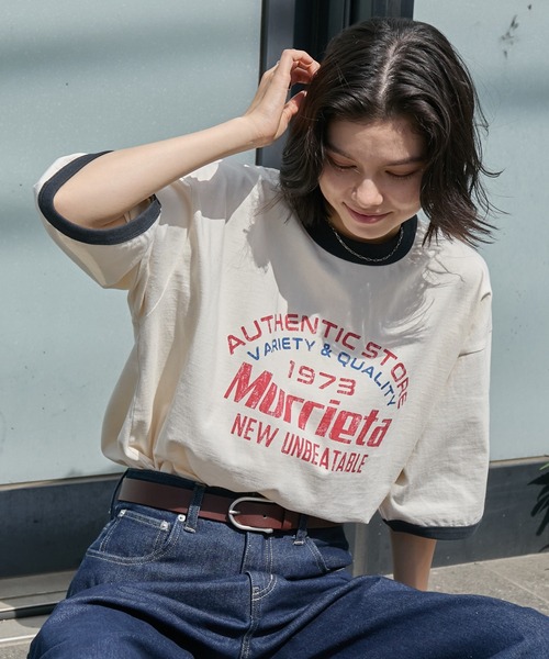 ヴィンテージライクロゴデザイン ビッグシルエットリンガー半袖Tシャツ